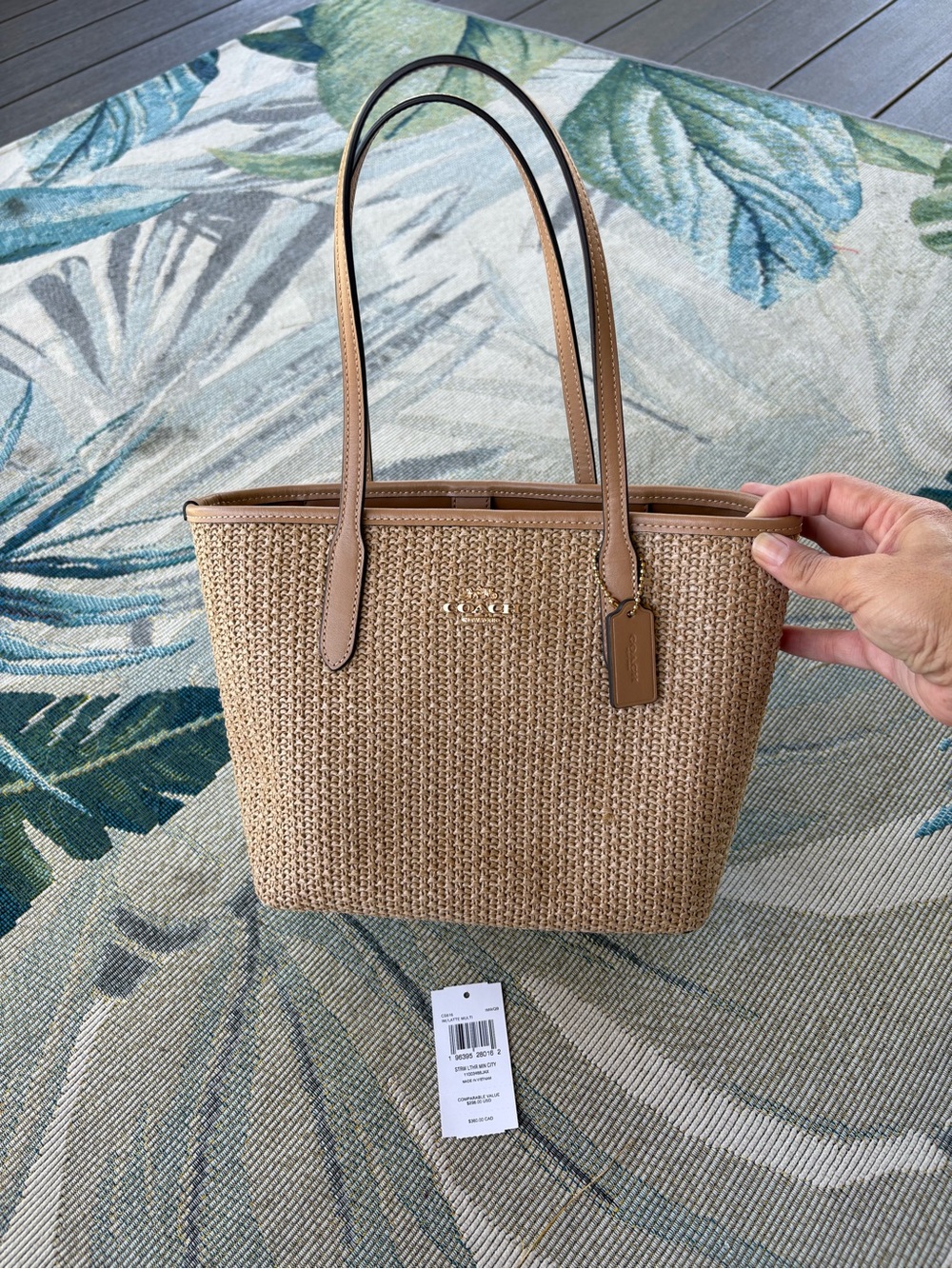 Coach Woven Straw Tote in Natural Tan and Brown Trim